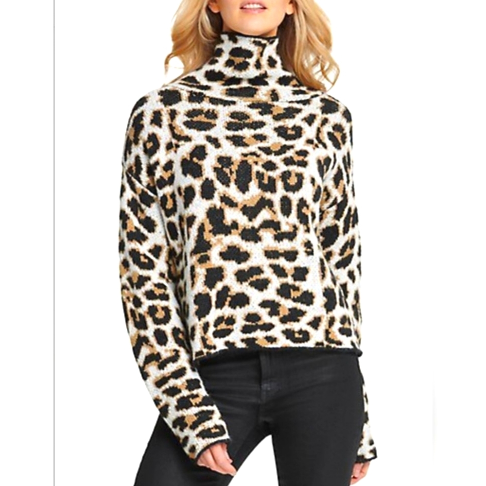 Dkny Leopard Print Cowl Neck Sweater in Black, White & Tan